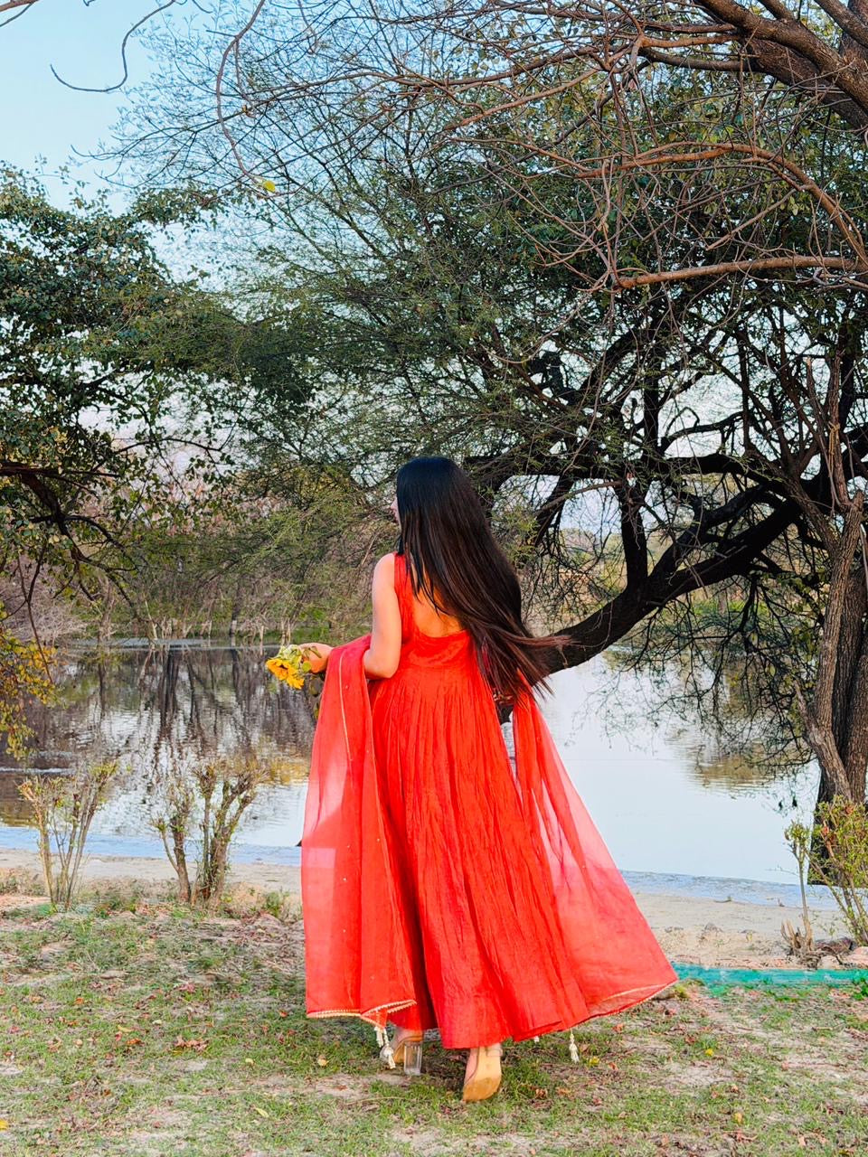 Rust Orange Handwork Anarkali.