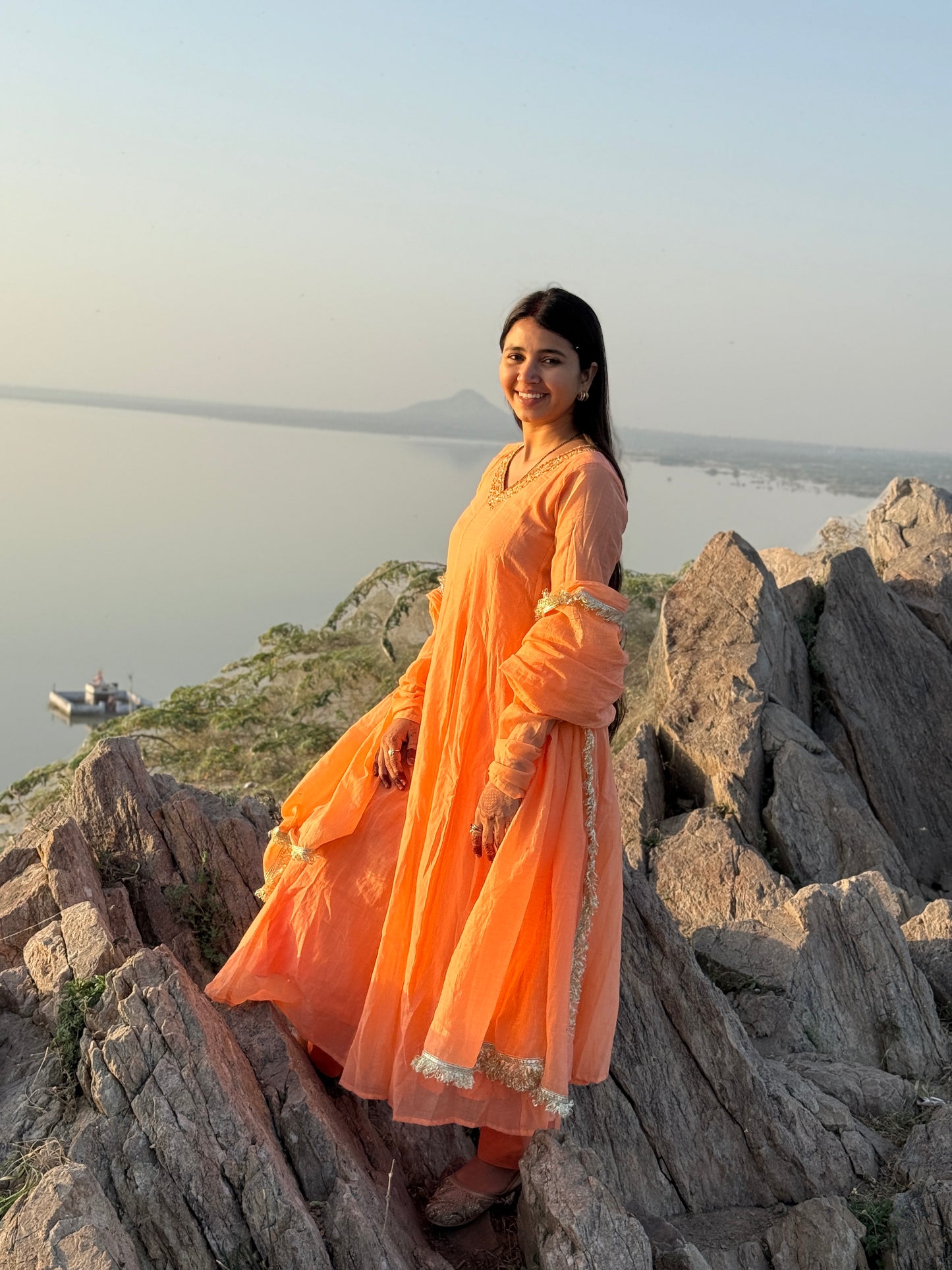 Peach Mul Chanderi Handwork Kaliyan Anarkali.