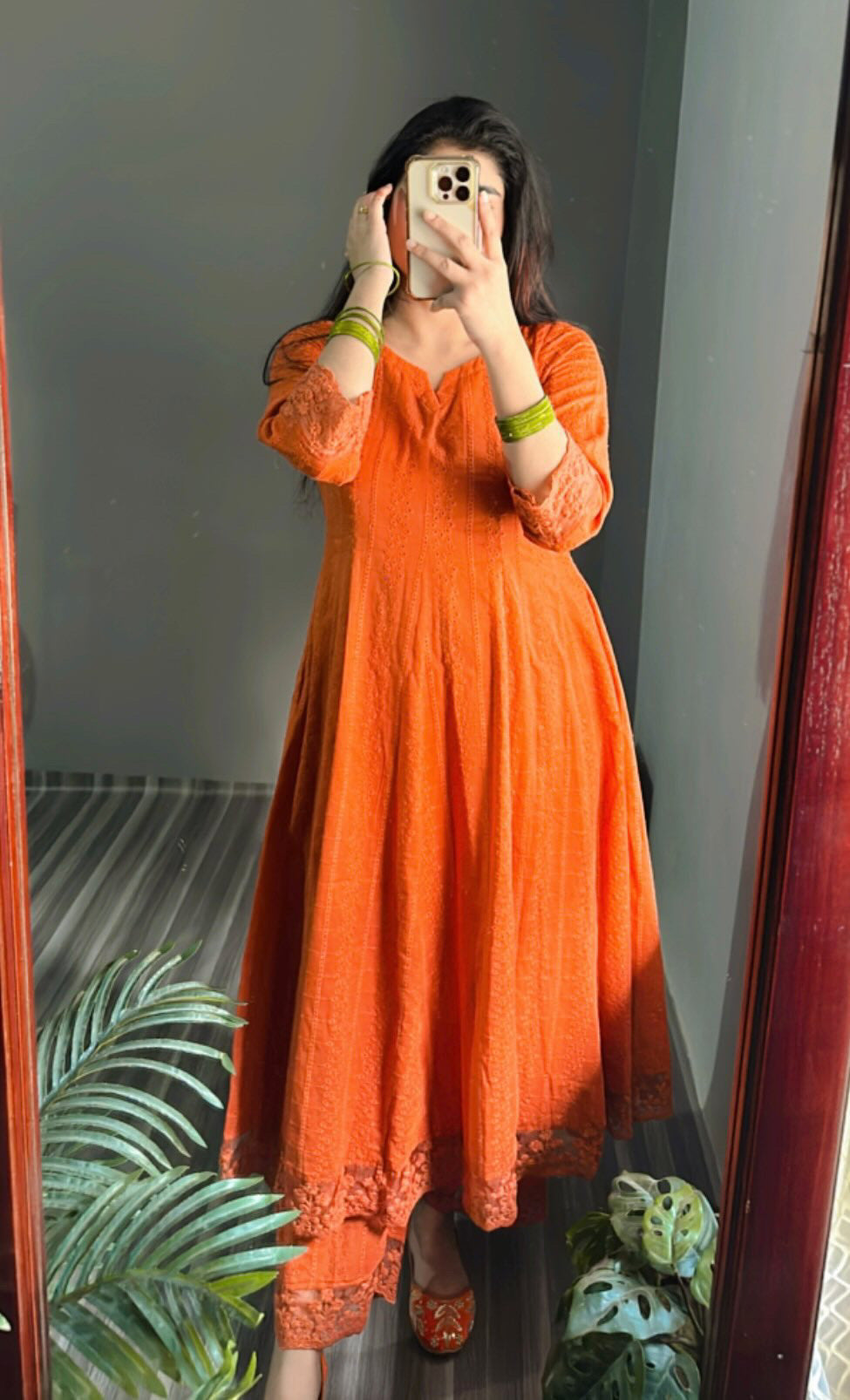 Rustic Orange Chikan A line Pakistani suit set