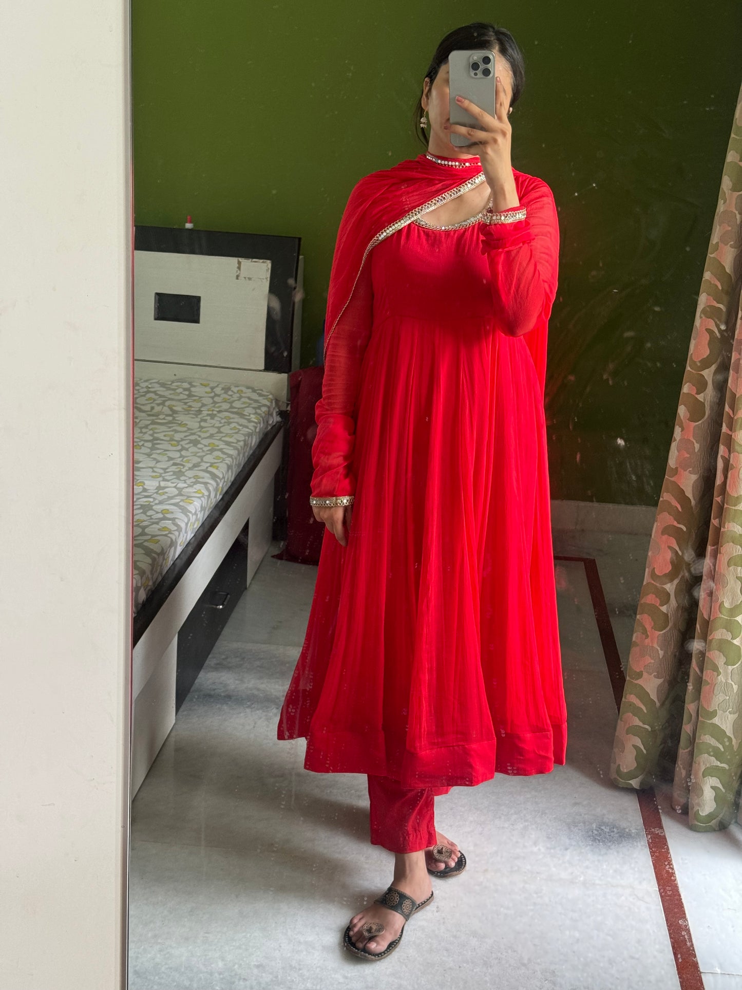 Red chiffon Anarkali.