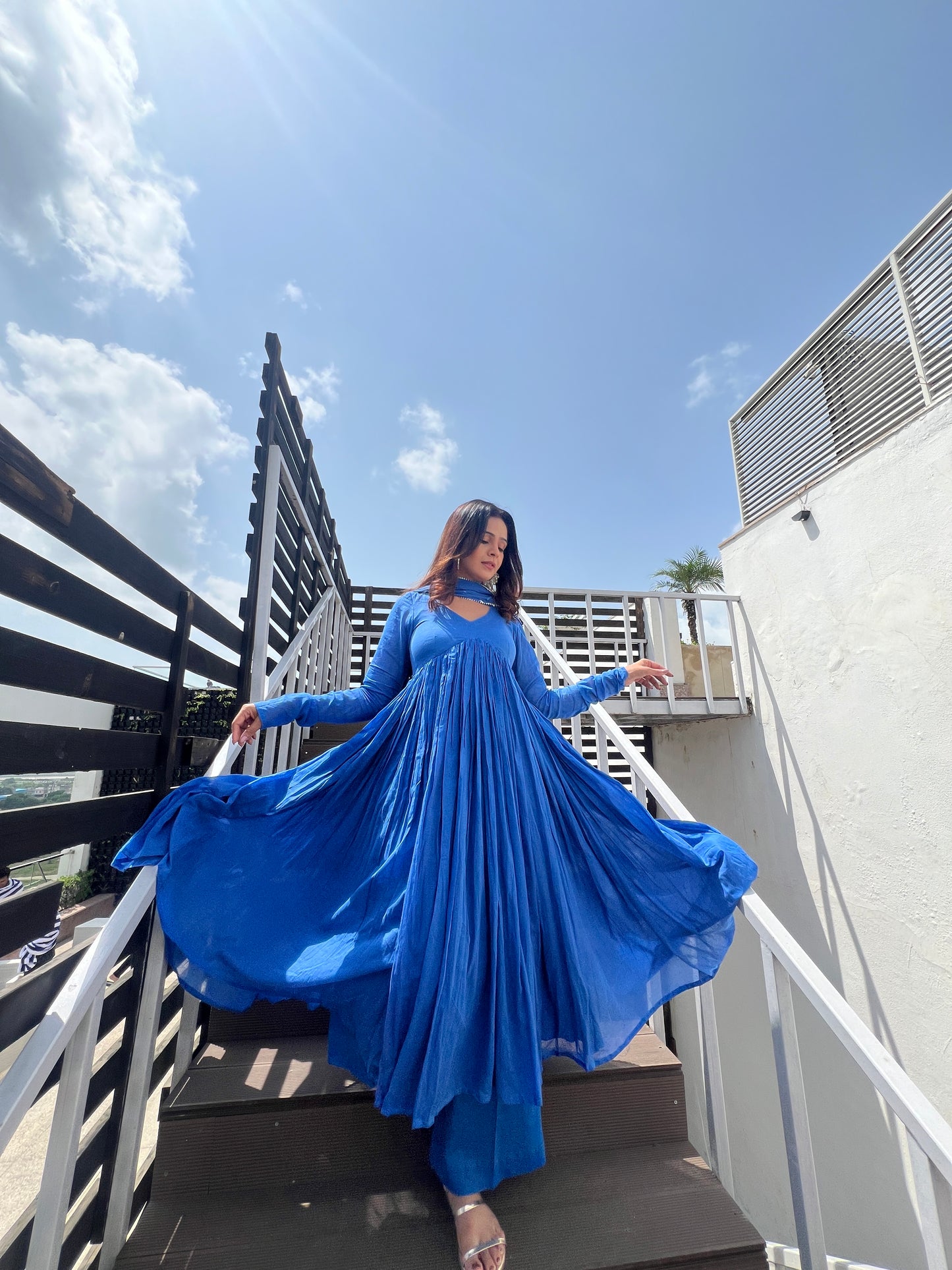 Cobalt Blue Alia cut pure mul Anarkali.