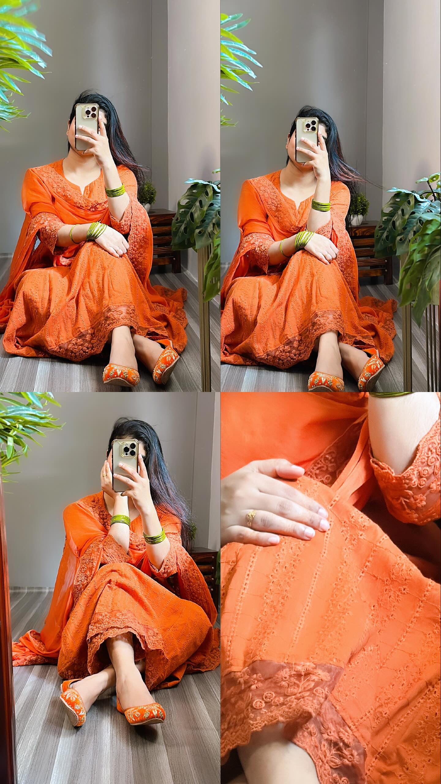 Rustic Orange Chikan A line Pakistani suit set