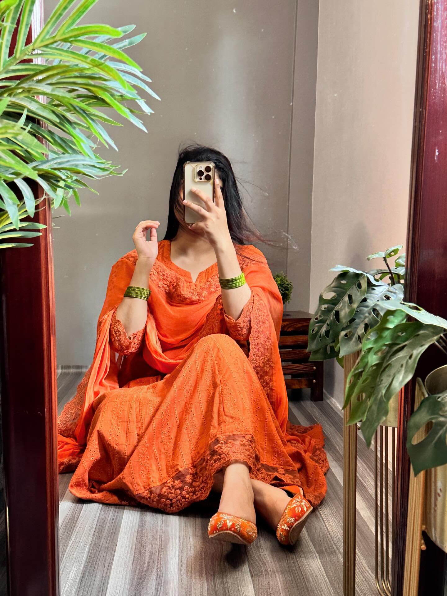 Rustic Orange Chikan A line Pakistani suit set