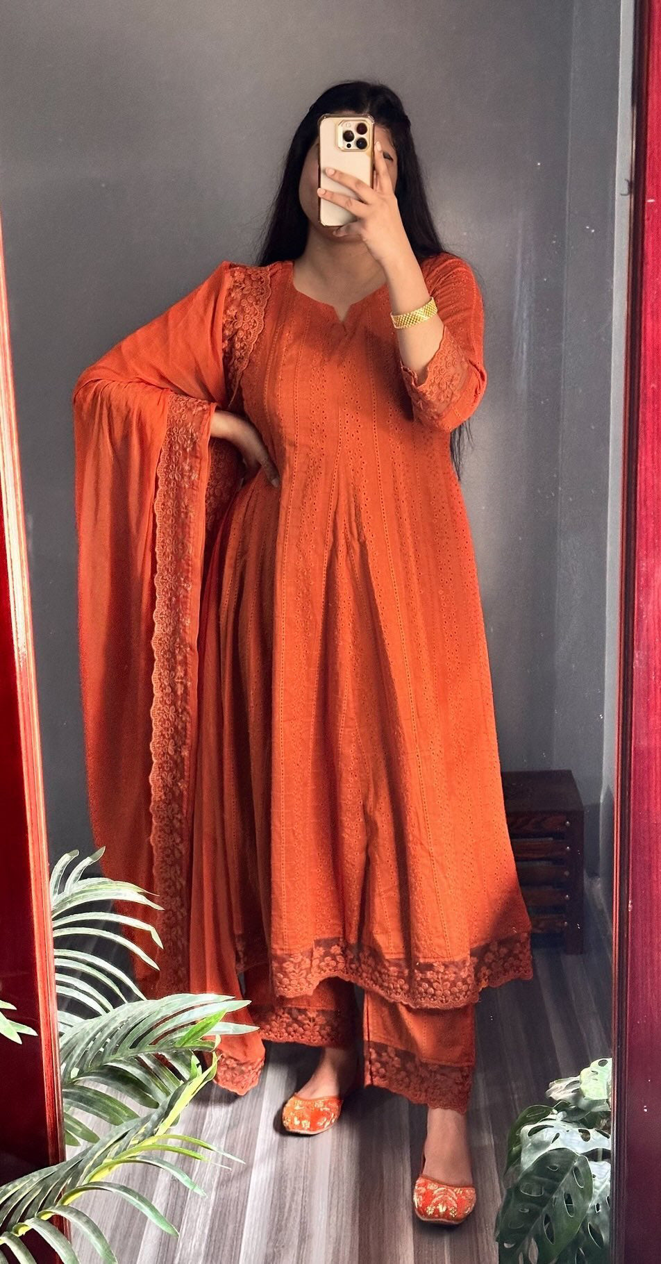 Rustic Orange Chikan A line Pakistani suit set