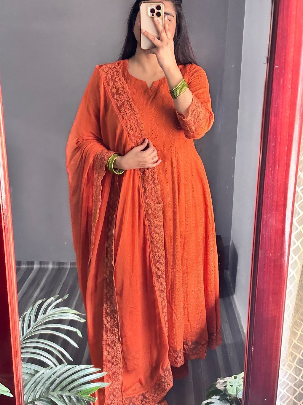 Rustic Orange Chikan A line Pakistani suit set