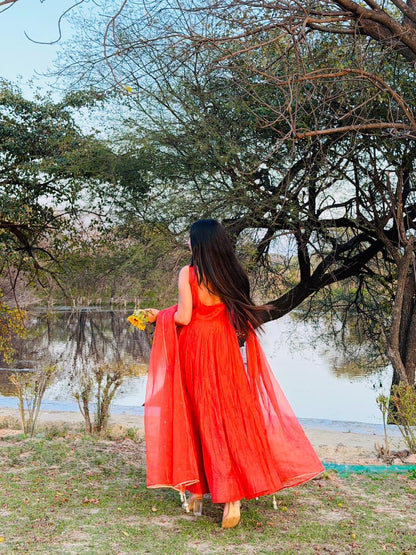 Rust Orange Handwork Anarkali.