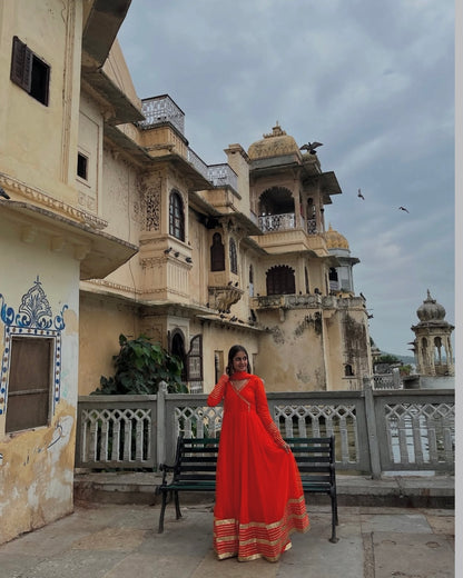Orange Handwork Angrakha Chiffon Anarkali.
