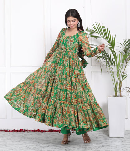 FOREST GREEN TIER PATTERN ANARKALI