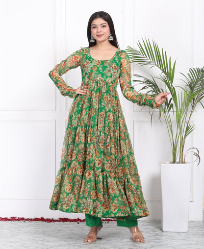 FOREST GREEN TIER PATTERN ANARKALI