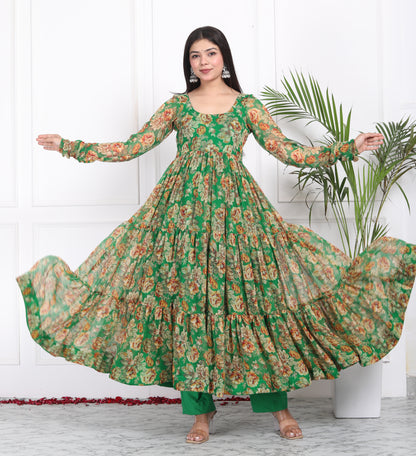 FOREST GREEN TIER PATTERN ANARKALI