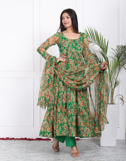 FOREST GREEN TIER PATTERN ANARKALI