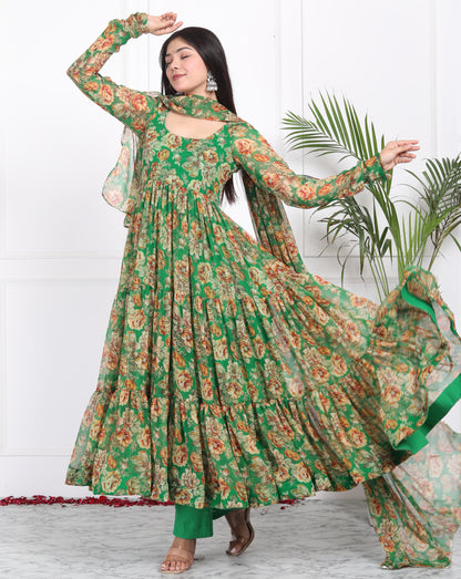 FOREST GREEN TIER PATTERN ANARKALI