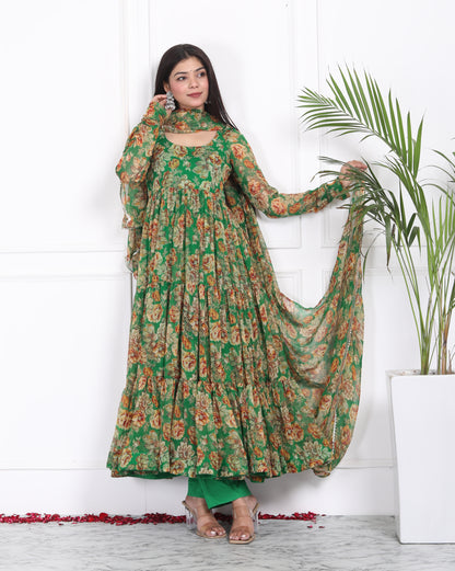 FOREST GREEN TIER PATTERN ANARKALI
