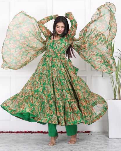 FOREST GREEN TIER PATTERN ANARKALI