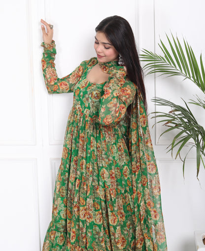 FOREST GREEN TIER PATTERN ANARKALI