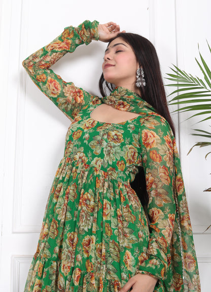 FOREST GREEN TIER PATTERN ANARKALI