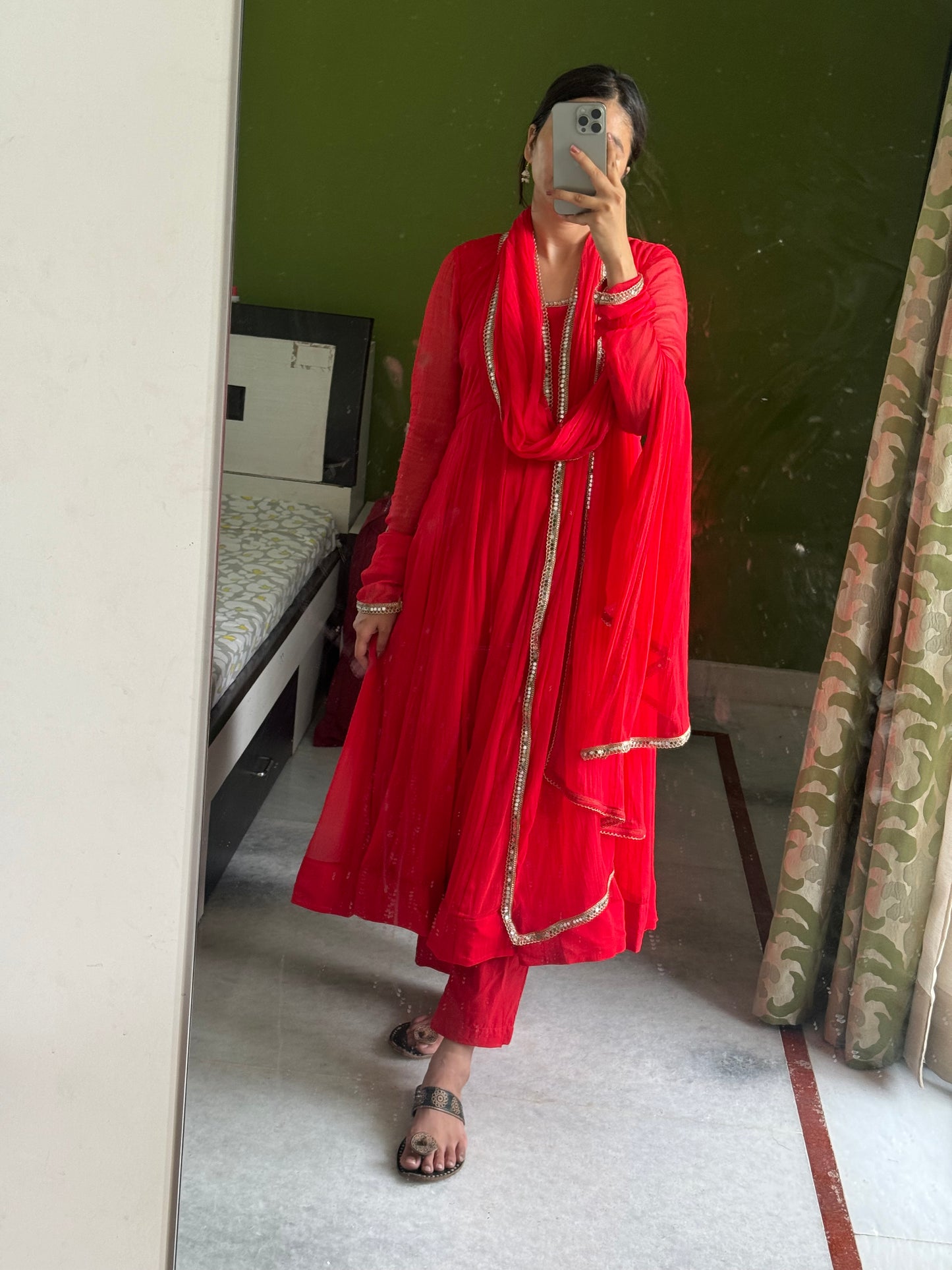 Red chiffon Anarkali.