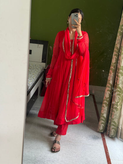 Red chiffon Anarkali.