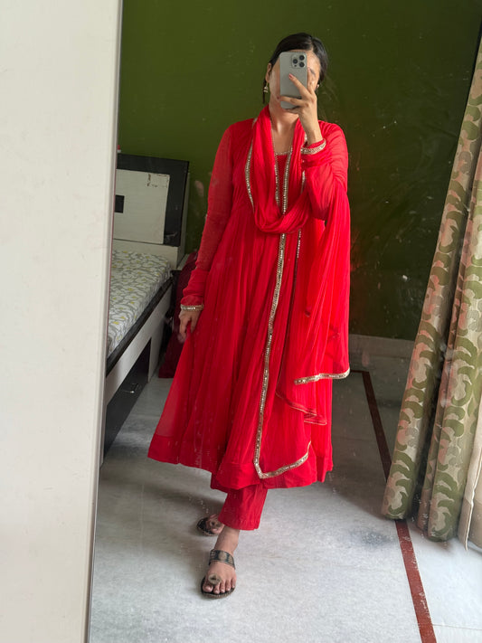 Red chiffon Anarkali.