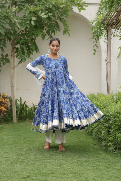 Indigo printed Cotton Anarkali
