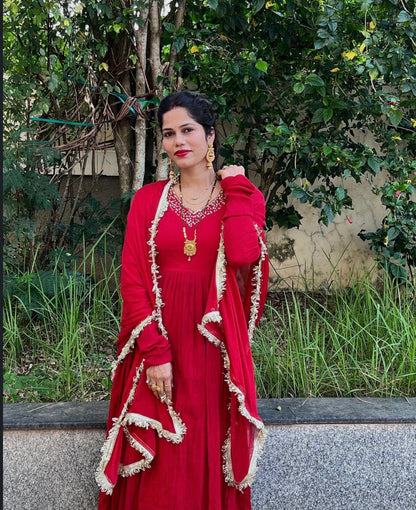 Red wrinkled Handwork cotton Suit