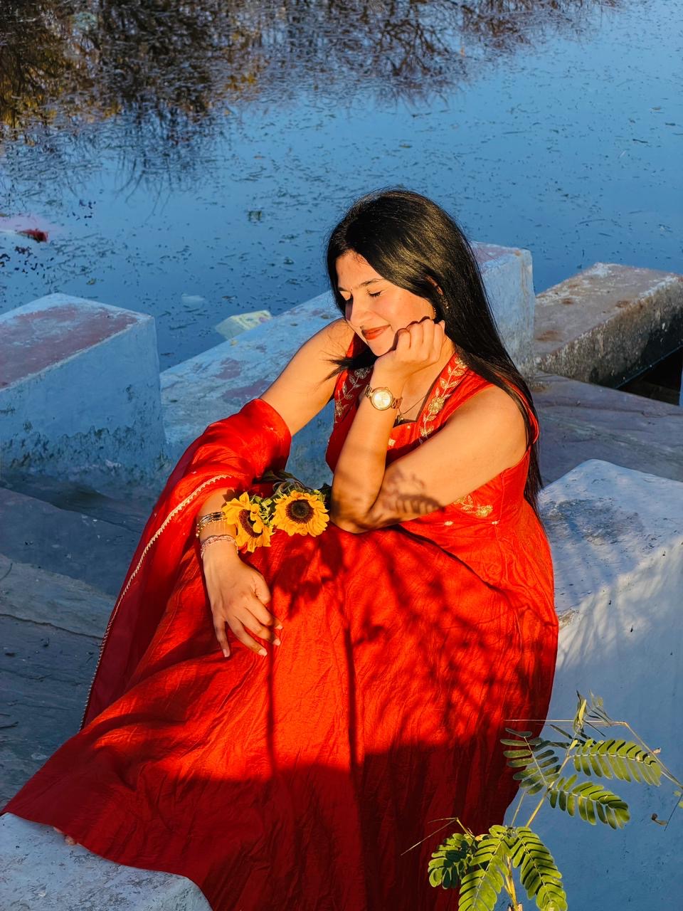 Rust Orange Handwork Anarkali.