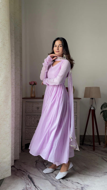 Pale yellow /purple Mul cotton Anarkali