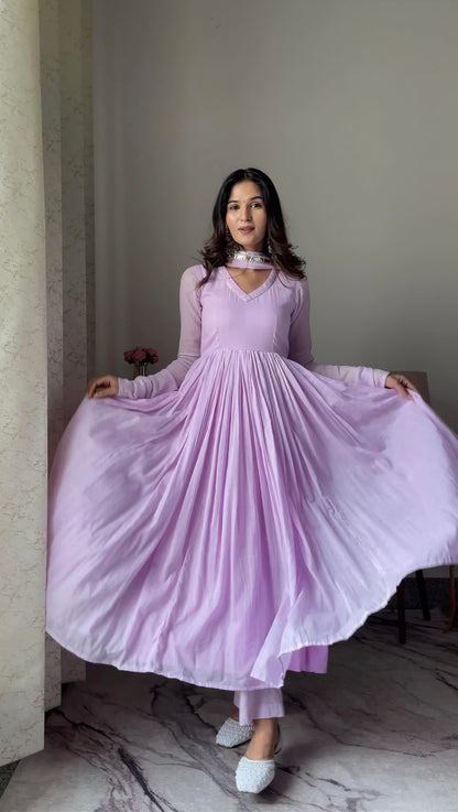 Pale yellow /purple Mul cotton Anarkali