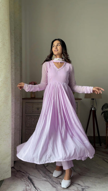 Pale yellow /purple Mul cotton Anarkali