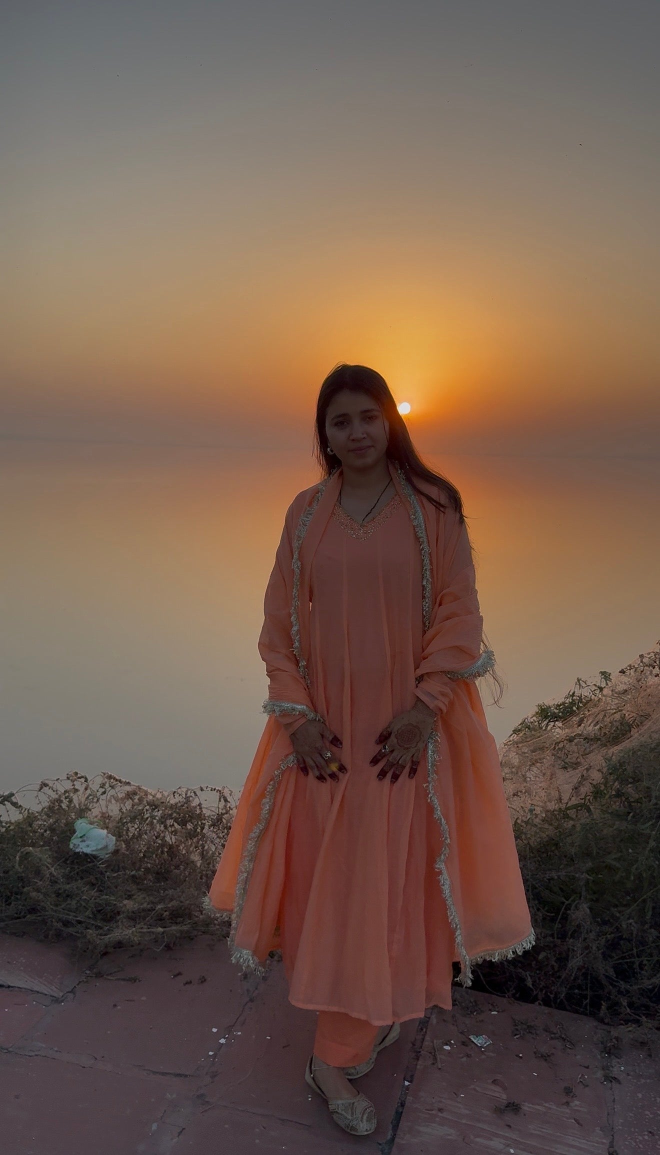 Peach Mul Chanderi Handwork Kaliyan Anarkali.