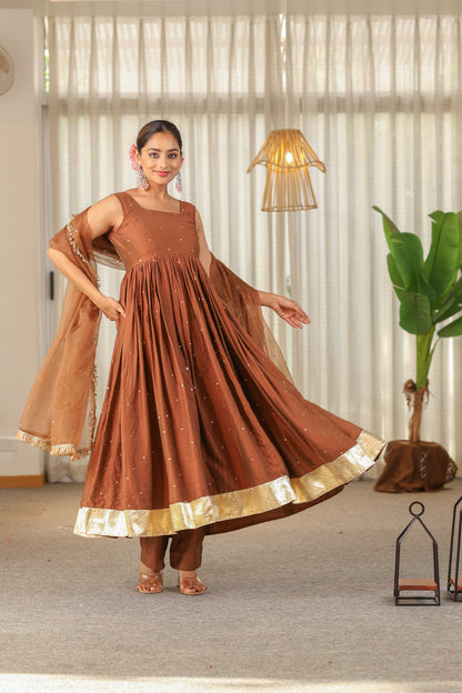 Brown Handwork Anarkali