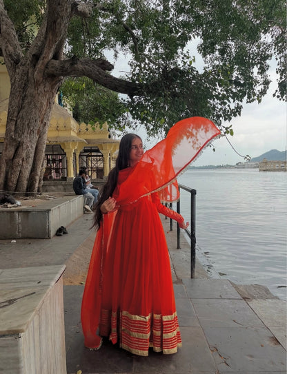 Orange Handwork Angrakha Chiffon Anarkali.