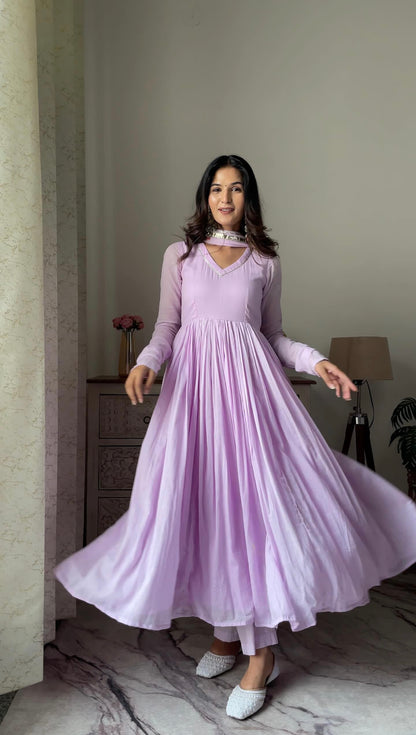 Pale yellow /purple Mul cotton Anarkali