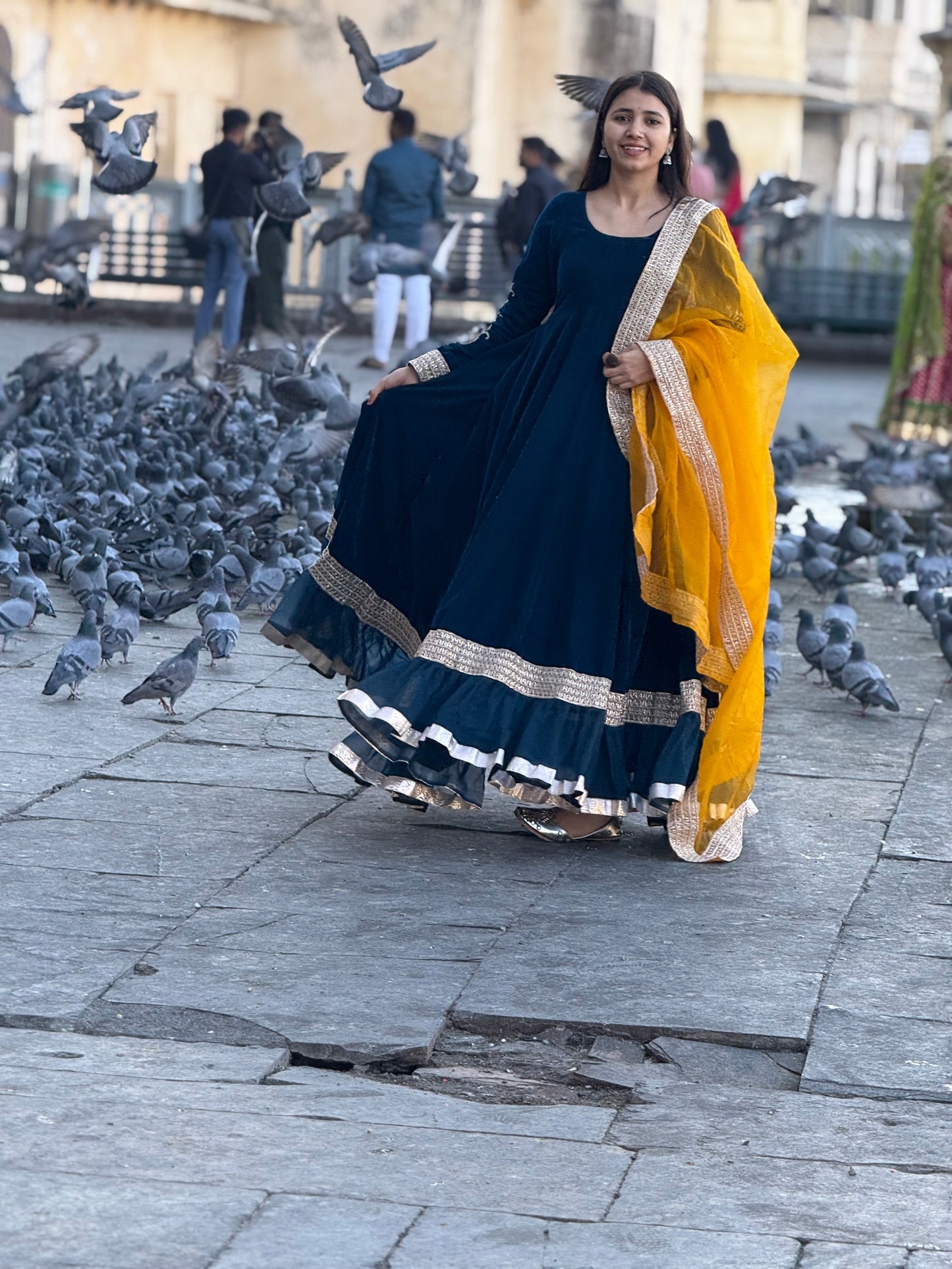 Velvet Anarkali with Organza Mango yellow Dupatta Suit Set