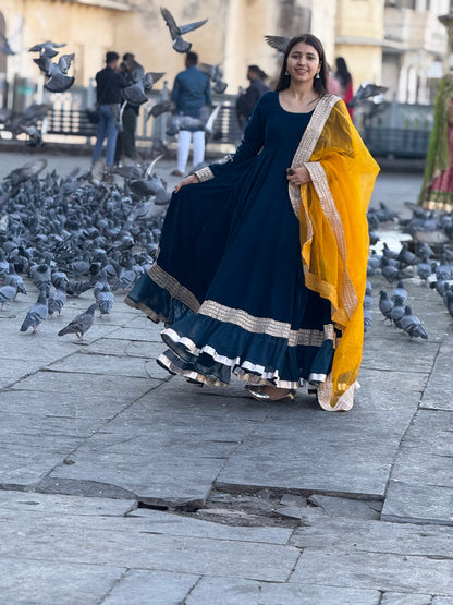 Velvet Anarkali with Organza Mango yellow Dupatta Suit Set
