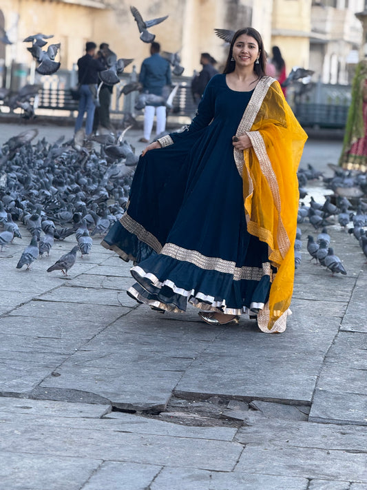 Velvet Anarkali with Organza Mango yellow Dupatta Suit Set