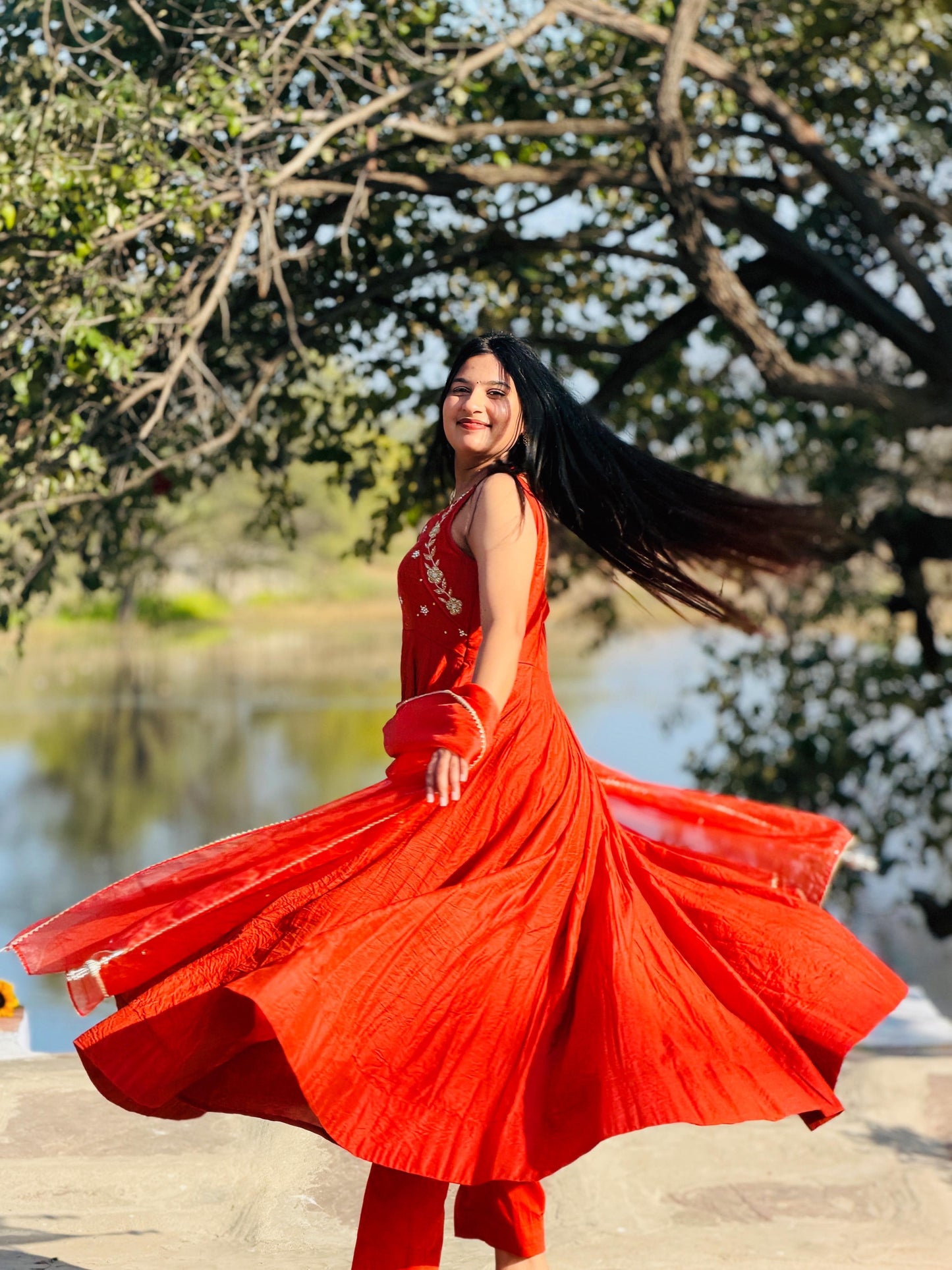 Rust Orange Handwork Anarkali.
