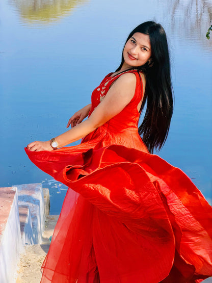 Rust Orange Handwork Anarkali.