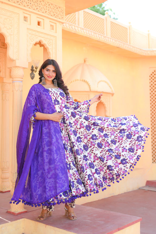 Purple Floral Anarkali Suit Set