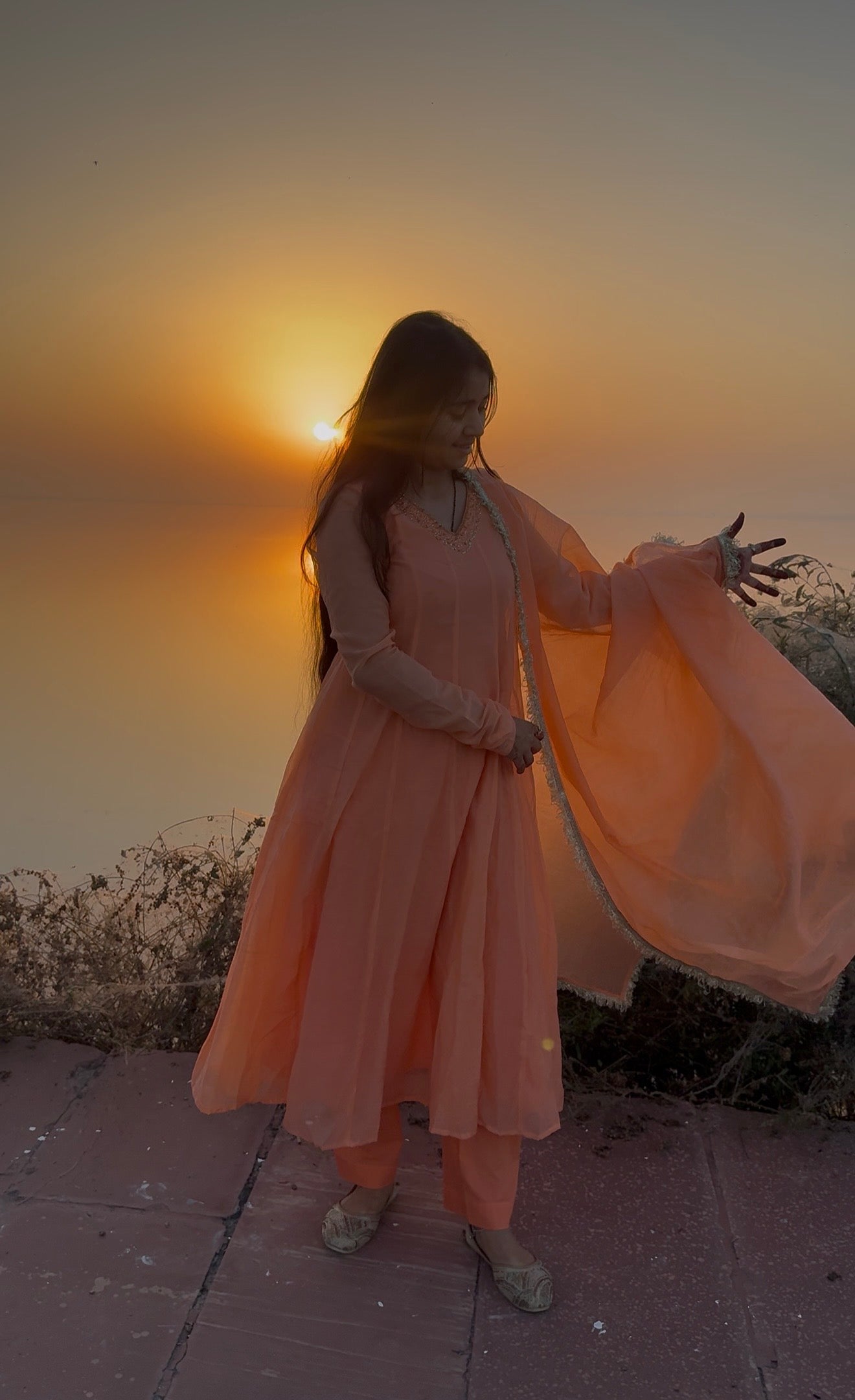 Peach Mul Chanderi Handwork Kaliyan Anarkali.