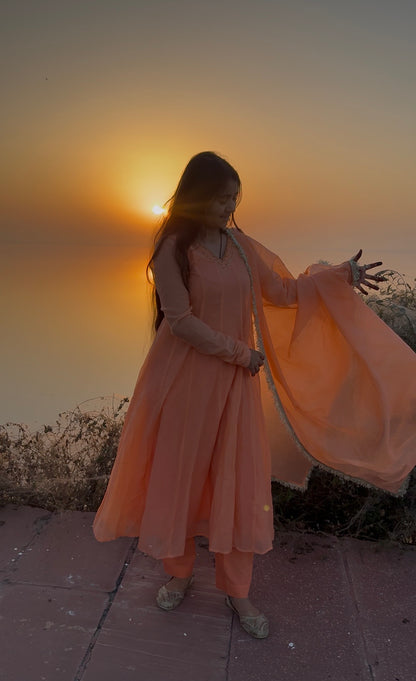 Peach Mul Chanderi Handwork Kaliyan Anarkali.