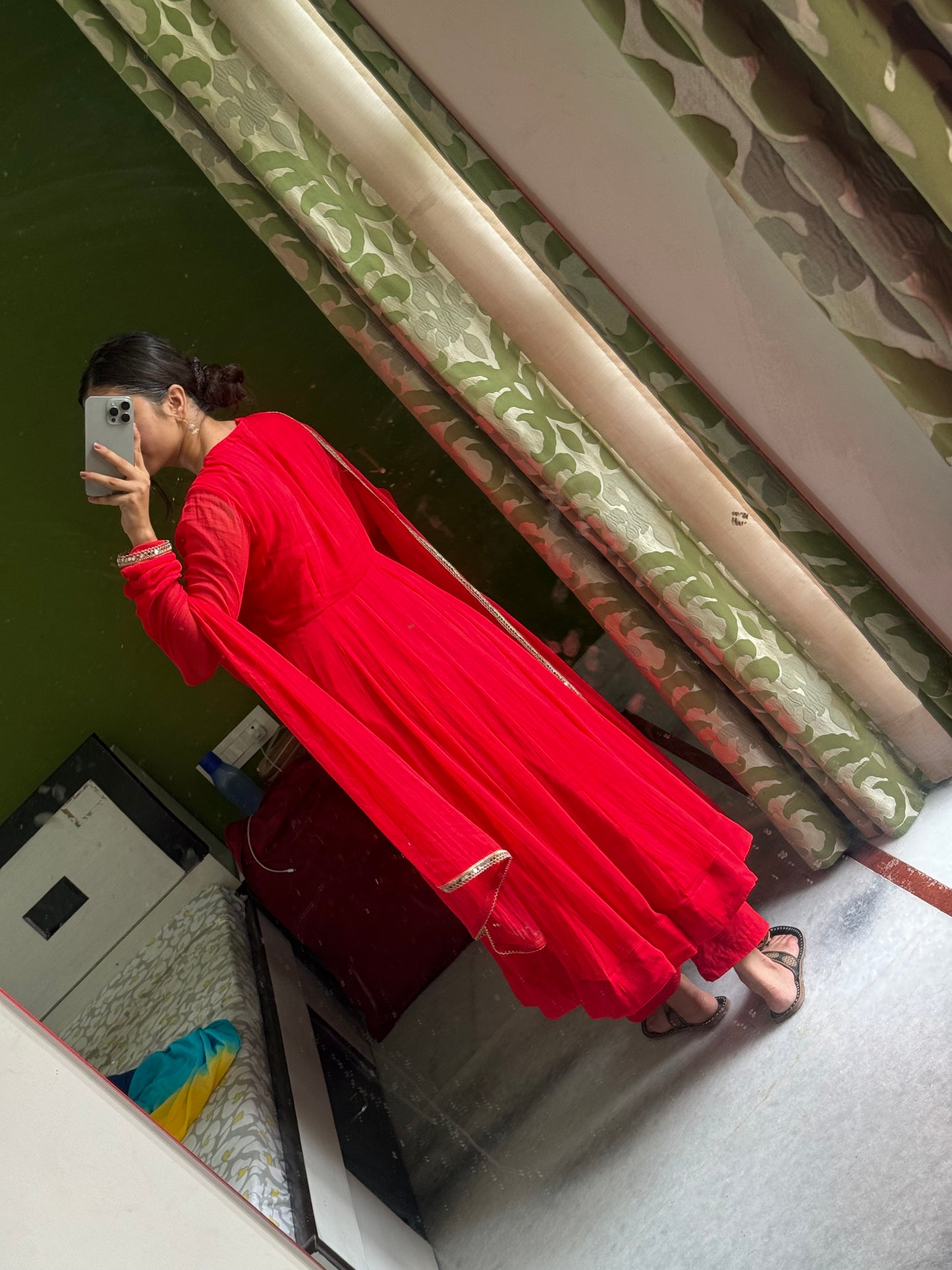 Red chiffon Anarkali.