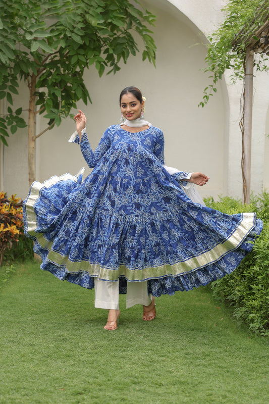 Indigo printed Cotton Anarkali