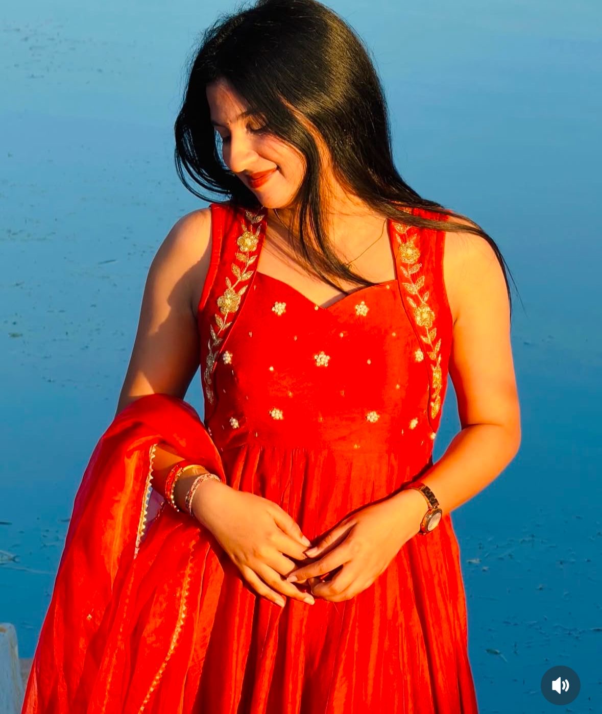 Rust Orange Handwork Anarkali.