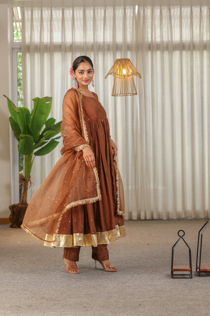 Brown Handwork Anarkali