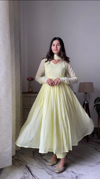 Pale yellow /purple Mul cotton Anarkali