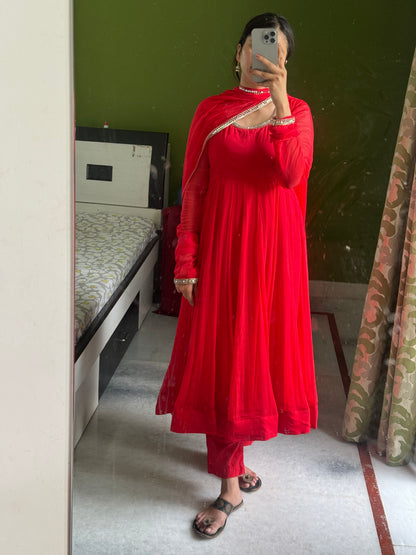 Red chiffon Anarkali.