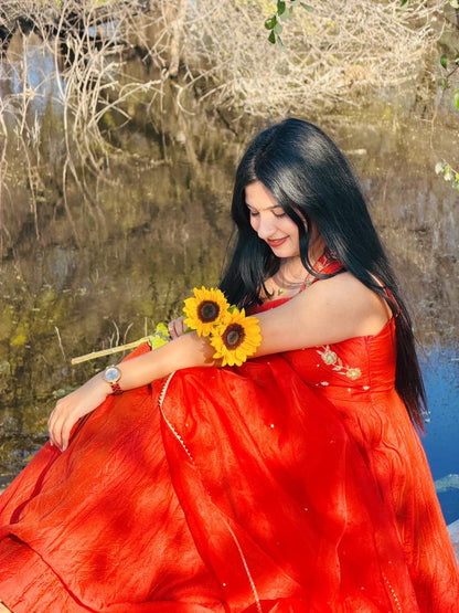 Rust Orange Handwork Anarkali.