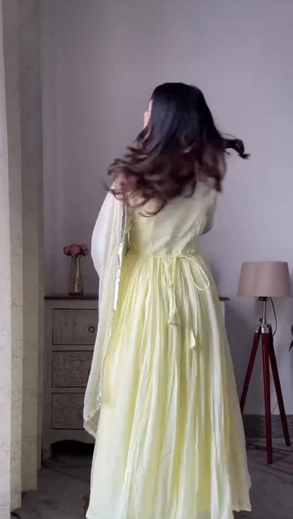 Pale yellow /purple Mul cotton Anarkali