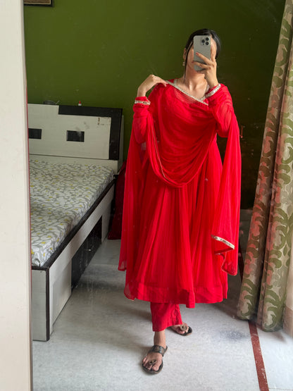 Red chiffon Anarkali.